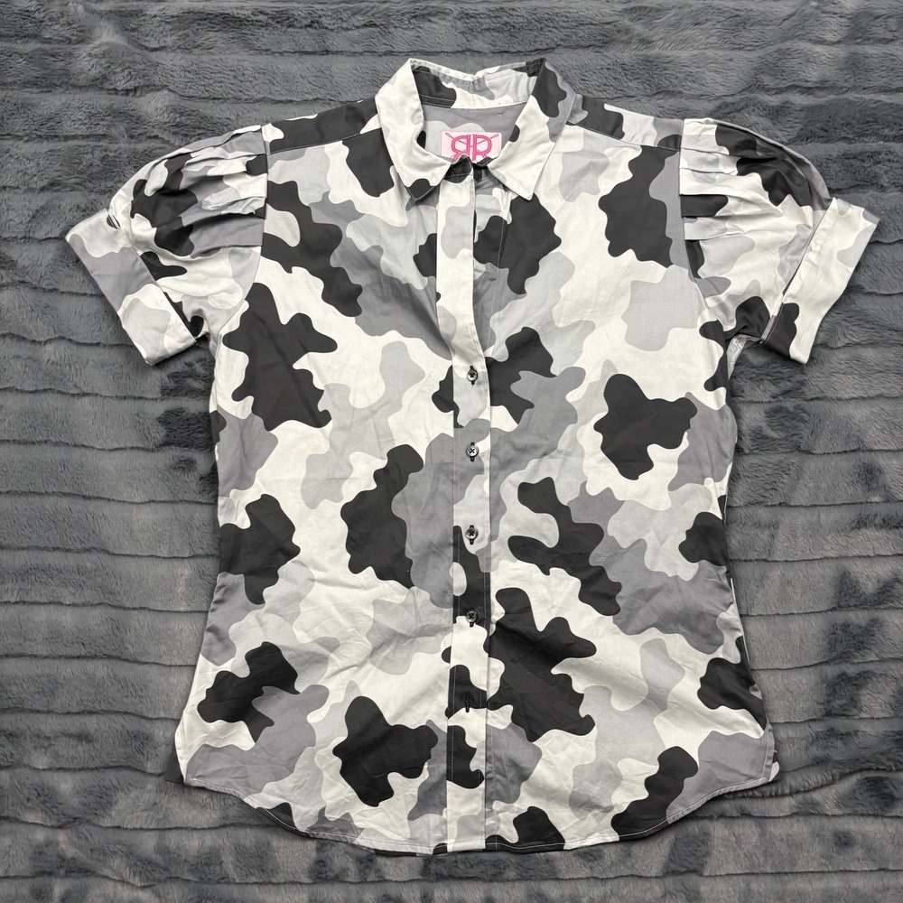 Double R by Ravi Ratan Womens Camo Cow Print Puff Sleeve Cotton Shirt Grey Black